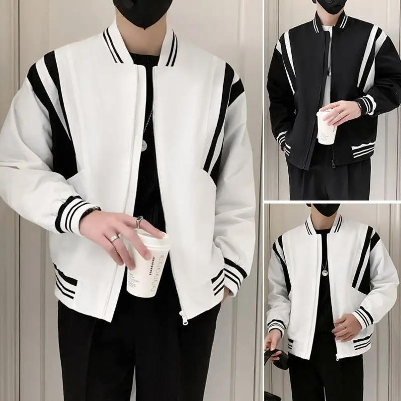 Trendy Contrast Color Jacket Men Spring and Autumn Casual Baseball Uniform Jacket 2025 Mens Versatile Loose Zipper Top 250116