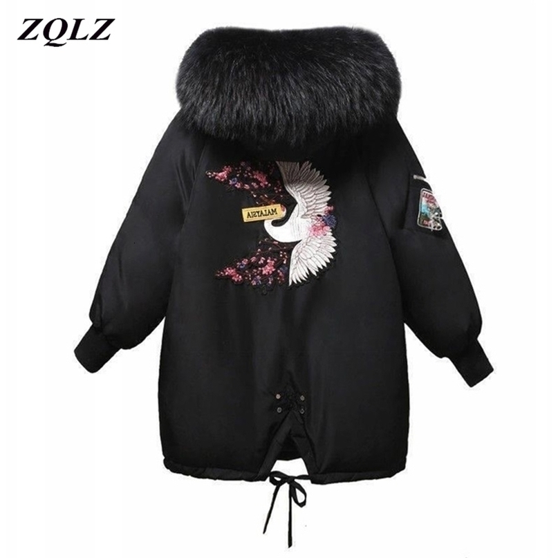ZQLZ Winter Coat Women New Embroidery Casual Hooded Fur Collar Loose Long Parka Mujer Thick Warm Overcoat Fashion Jacket 200928