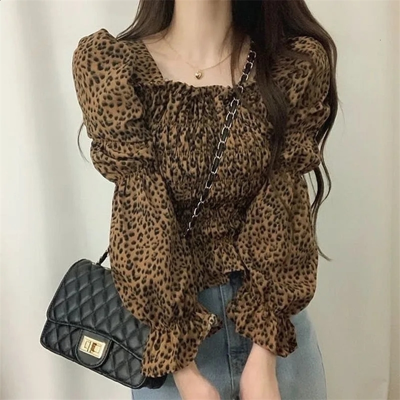 Women Casual Long Sleeve Cotton Linen Loose Shirt Elegant Solid Harajuku Leopard print Blouse Vintage Tops Y2K Streetwear Tunic 250318