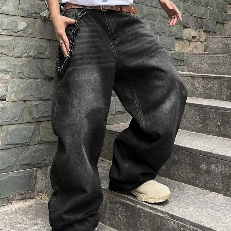 1Pc mens daily travel casual American street loose jeans black light blue sea blue fashion street style retro lantern jeans denim pants 250423