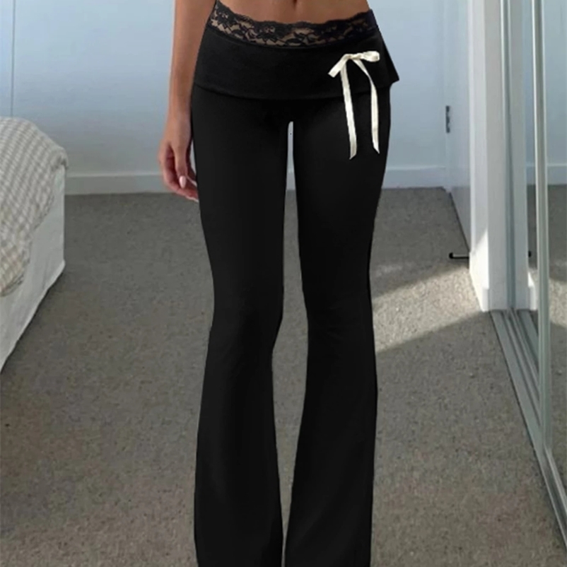 Cuteandpsycho Lace Patchwork Bow Straight Pants Y2K Fashion Aesthetic Cute Trousers Harajuku Streetwear Joggers 2000s Bottoms 250122