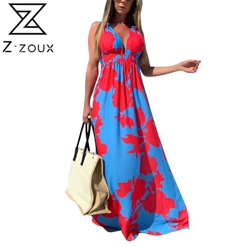 Women Dress Deep V Neck Sleeveless Spaghetti Strap Long es Bohemia Sexy Print Floral Maxi es 210513