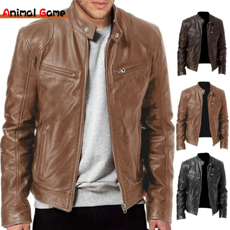 Mens Fashion Leather Jacket Slim Fit Stand Collar PU Male Antiwind Motorcycle Lapel Diagonal Zipper Jackets Men 240712
