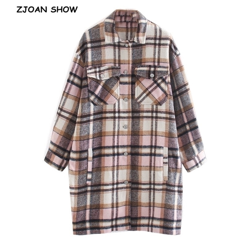 Winter Gingham Check Plaid Coat Warm Oversize Style Women Long Lapel Woolen Jacket 210429
