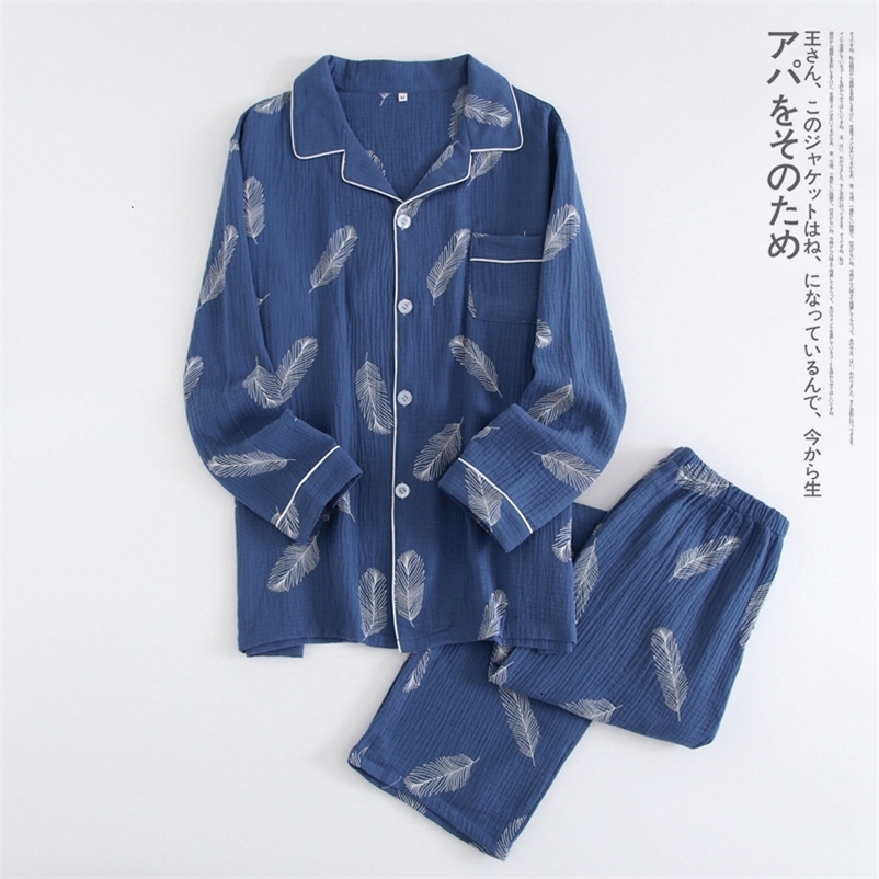 Men's Sleepwear Autumn Men's Crepe 100% Cotton Gauze Suit Long Sleeves Trousers Mens Pajama Set Men Sleepwear Cartoon Nightwear 2 Piece Set 