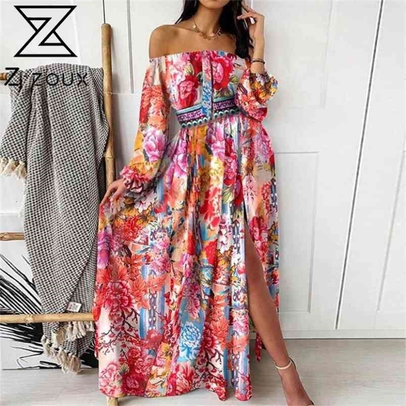 Women Dress Slash Neck Long Sleeve Print Dresses Plus Size Split Sexy Off Shoulder Flowers Fashion 210513