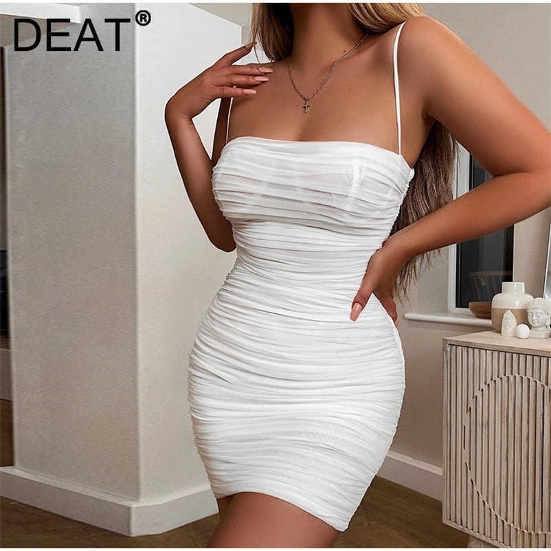 DEAT Women Pleated Mesh Sexy Suspender Buttocks Dress Solid Strapless High Waist Slim Fashion Spring Summer 11B483 210709