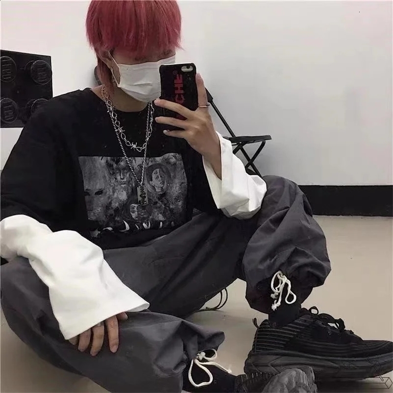 Y2K Emo Men Summer Oversized T-Shirt Korean Harajuku Tshirt Streetwear Dark Academia Hip Hop Alt Long Sleeved T Shirts Clothes 250117