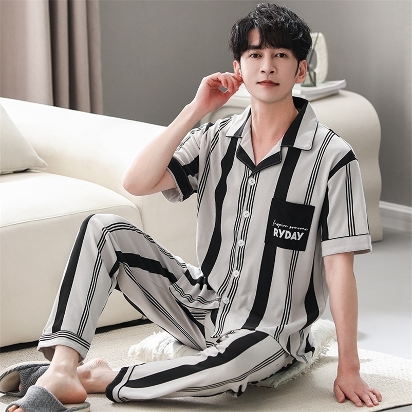 Men's Sleepwear Summer Plus Size Cotton Short Sleeve Long Pants Pajama Sets For Men Casual Striped Sleepwear Suit Homewear Home Clothes 230320