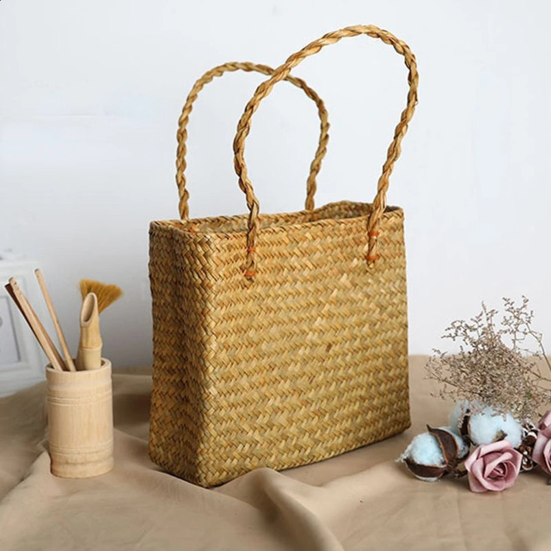Basket Straw Tote Bags for Women Rattan Handmade Beach Hand Ladies Bamboo Woven Holiday Shoulder Bag 240730