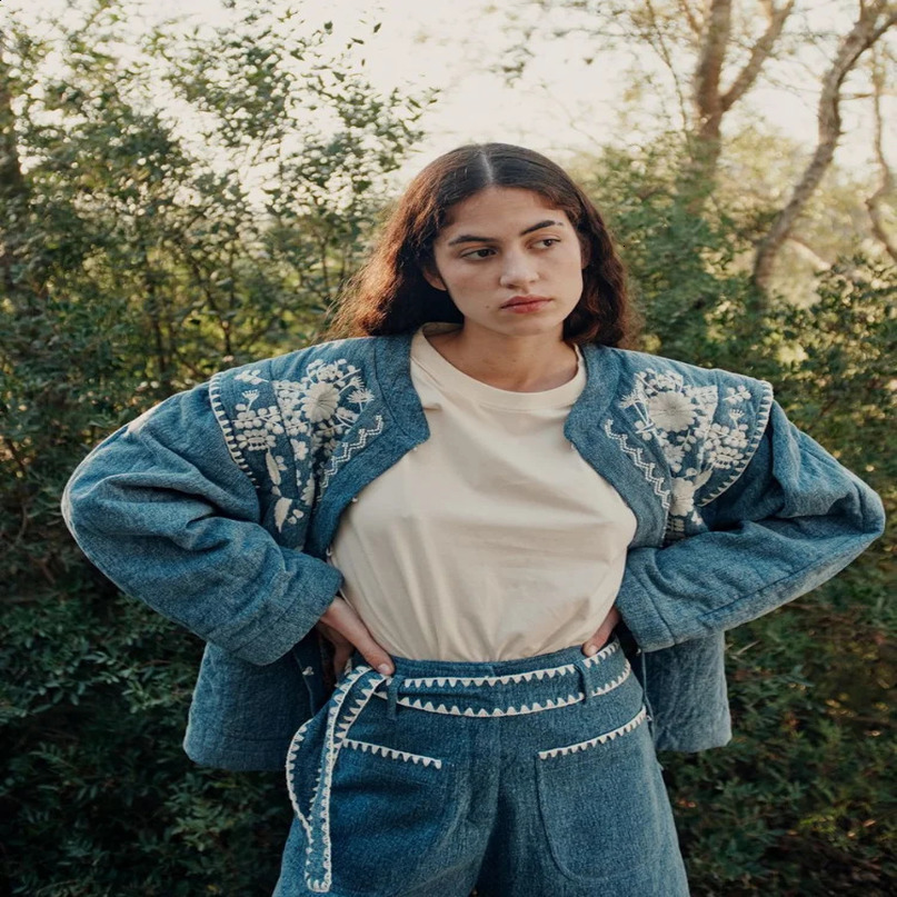 Womens fashionable floral print patch work open seam jacket elegant Oneck long sleeved pocket fully matched streetwear 240808