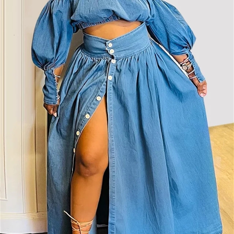 Plus size womens casual shoulder style button two-piece Demin leather set lantern sleeves retro crop top matching set 250427