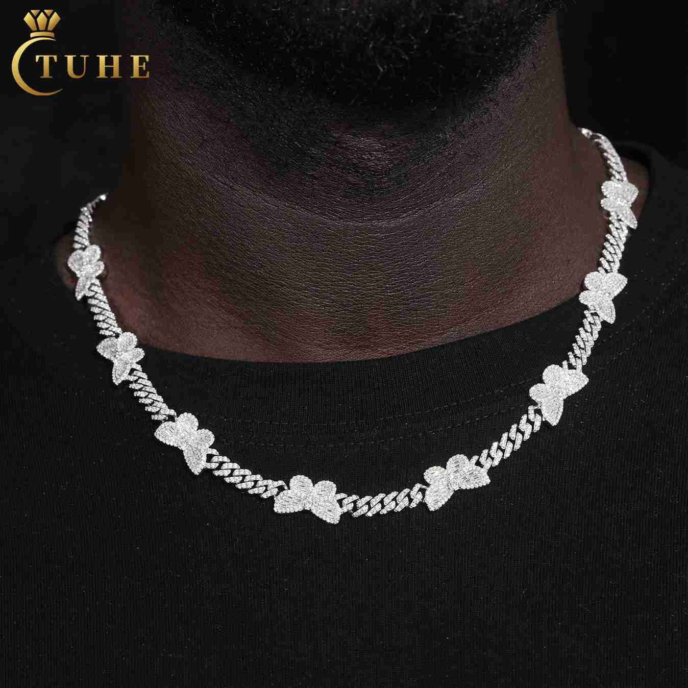 Hip Hop Baguette Butterfly Necklace 11mm 925 Silver VVS Moissanite Diamond Women Jewelry Iced Out Fashion Cuban Link Chain