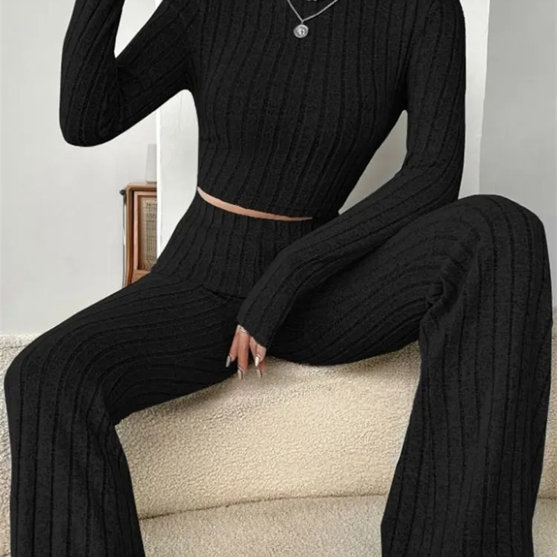 Womens stand collar knitted long sleeved T-shirt and pants two-piece set 241217