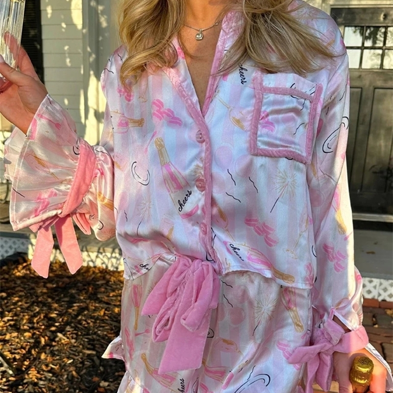 2025 Womens Christmas Pajama Set Santa Claus Printed Bow Long Sleeve Shirt 2-piece Set Pajama Casual Wear 241203