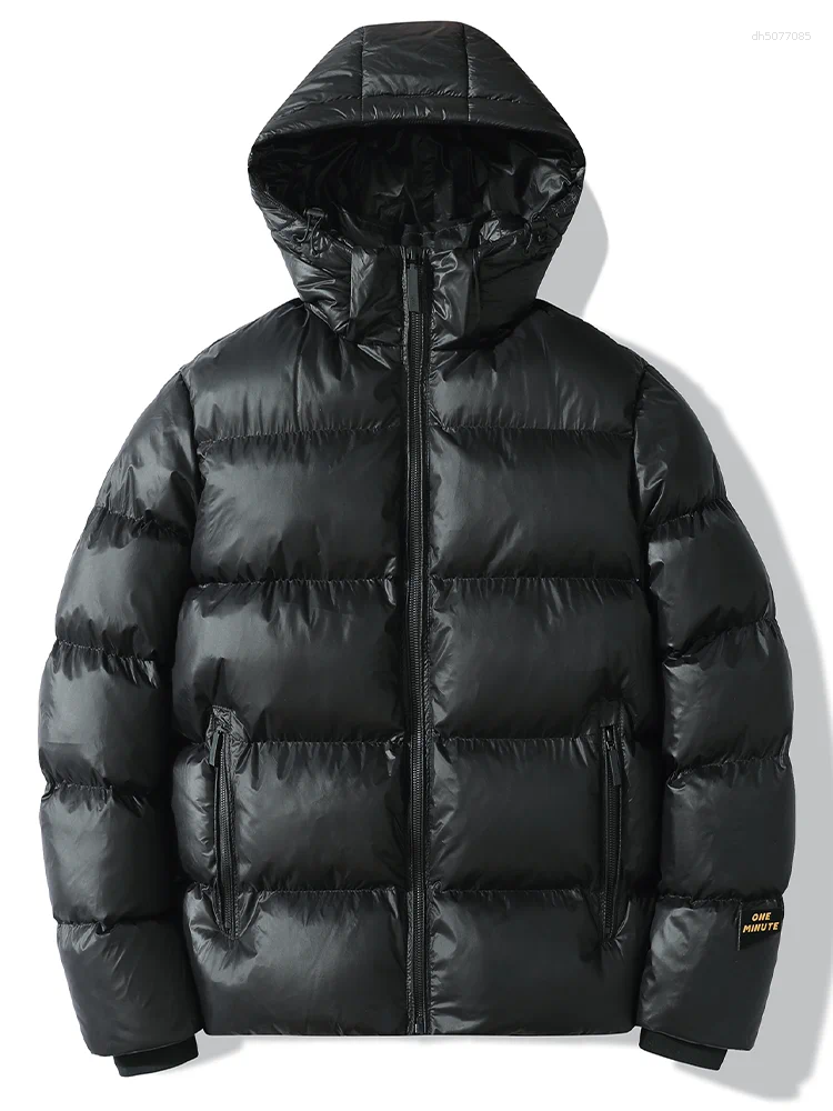 Men's Jackets Black Shiny Puffer Jacket With Removable Hood And "ONE MINUTE" Sleeve Detail