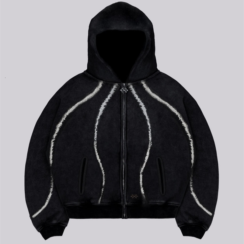 Heavy Splicing Striped Zipper Hoodie Street Harajuku Hip-hop Retro Mens and Womens Autumn and Winter Thickened Y2k Hoodie 250225