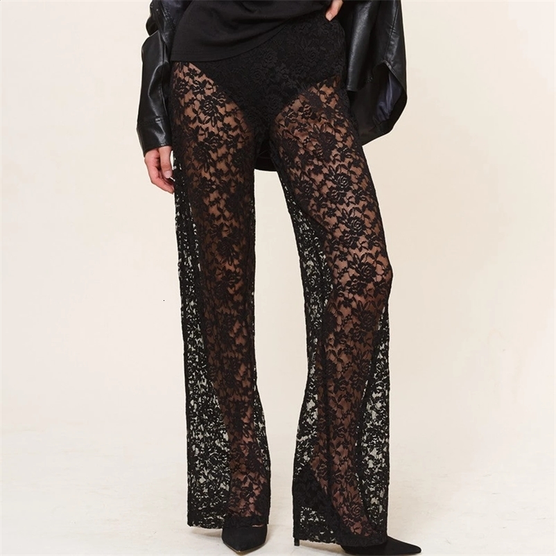 Sexy Womens Transparent Lace Pants Gothic High Waist Wide Leg Sparkling Pants Womens Bell Bottom Trousers Club Streetwear 250314