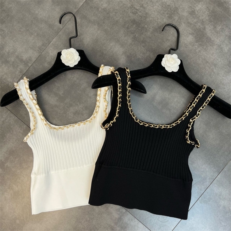Camisoles Tanks PREPOP Summer Sleeveless Metal Chain Square Neckline Ultra Thin Knitted Tank Top Women's Tank Top GE919 230410