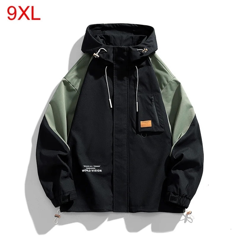 Big size jacket mens spring autumn multi-pocket loose Patchwork jacket hooded youth trendy tops Youth clothes 6XL 7XL 8XL 9XL 240716