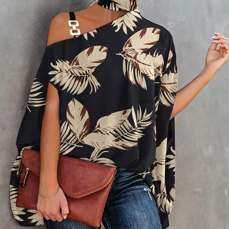 2024 Summer Loose Women's Clothing Halter Neck Shawl Printed Short Sleeve Batwing Shirt Commuting