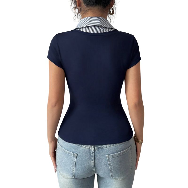Women's Navy Blue Striped Collar Patchwork T - Shirt, High Elastic Slim Fit V - Neck Elegant Business Top-SZ25124