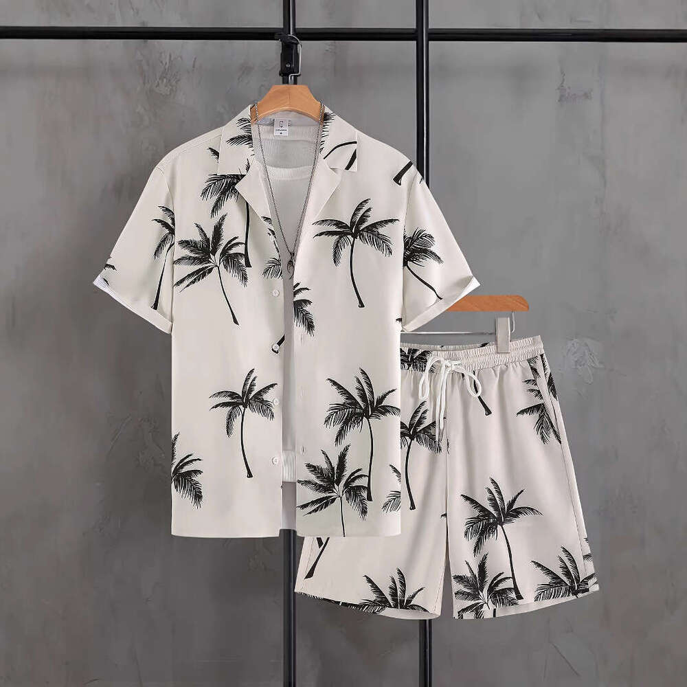 Lanjia- 2025 Casual Trendy Fashion Travel Summer Men's Cuban Collar Shirt Short Sleeve Shorts Set 0Da8f