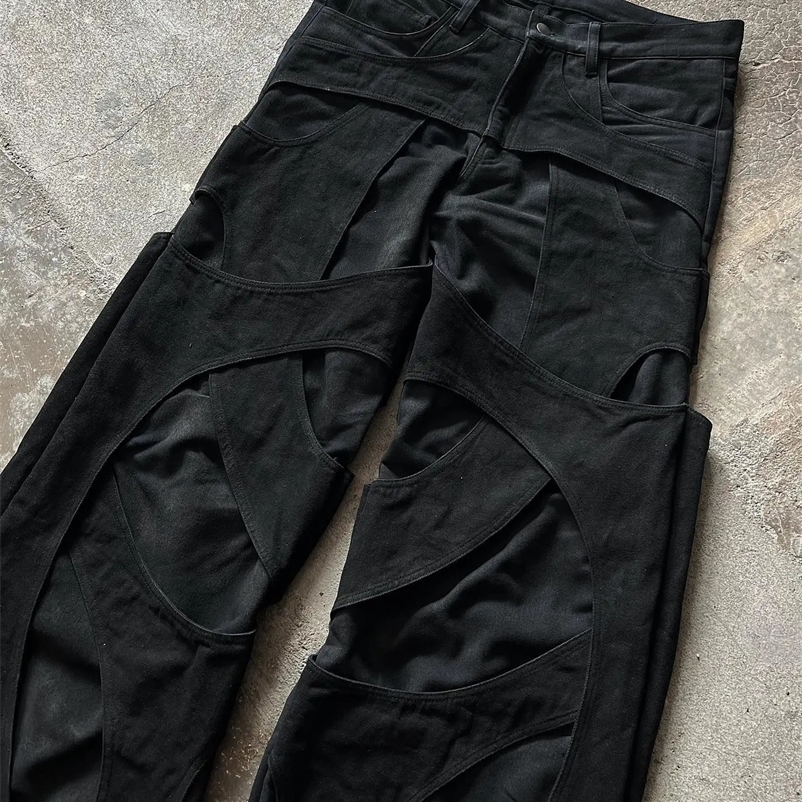 Leisure floor mop pants with hollow cotton loose jeans mens solid color retro work jeans Y2k mens and womens clothing 241203