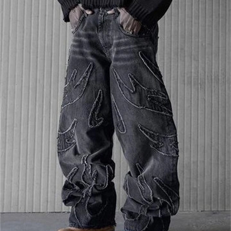 Baggy Jeans for Men Y2k Hip Hop Distressed Retro Black Pants Oversized Embroidery Harajuku Gothic Wide Leg Trousers Streetwear 240429