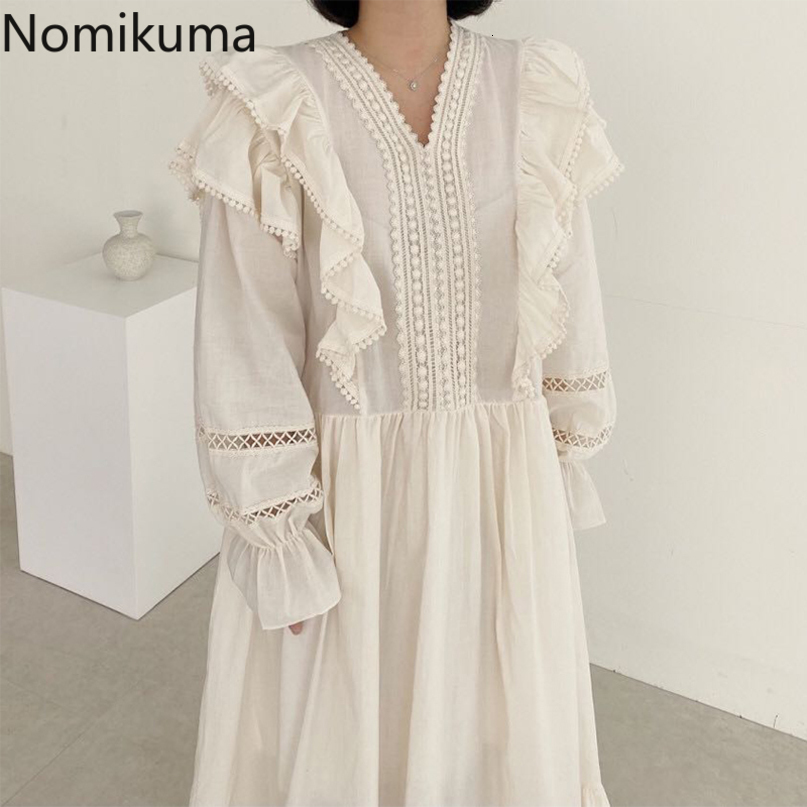 Nomikuma Korean V-neck Double Ruffle Dresses Lace Hollow-out Flare Long Sleeve Vestidos Spring New Causal Women Dress 6E128 210427