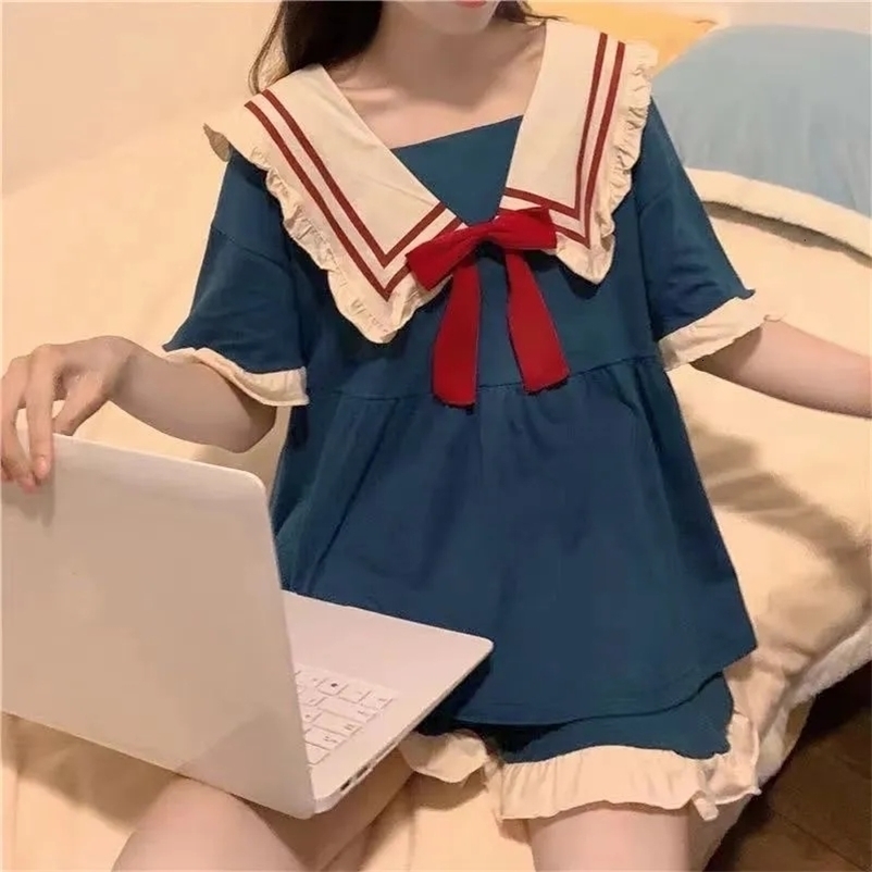 Women's Sleepwear Pajamas Women'S Summer Set Short-Sleeved Suit Princess Navy Style Sweet Kawaii Student Cartoon Ladies Bow Tie Home Clothes