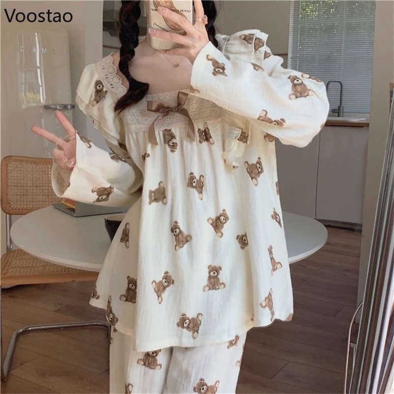 Women's Sleepwear Cute Pajamas Women Japanese Sweet Room Wear Lace Ruffles Kawaii Bear Print 2 Piece Set Spring Autumn Casual Sleepwear Pijamas 2
