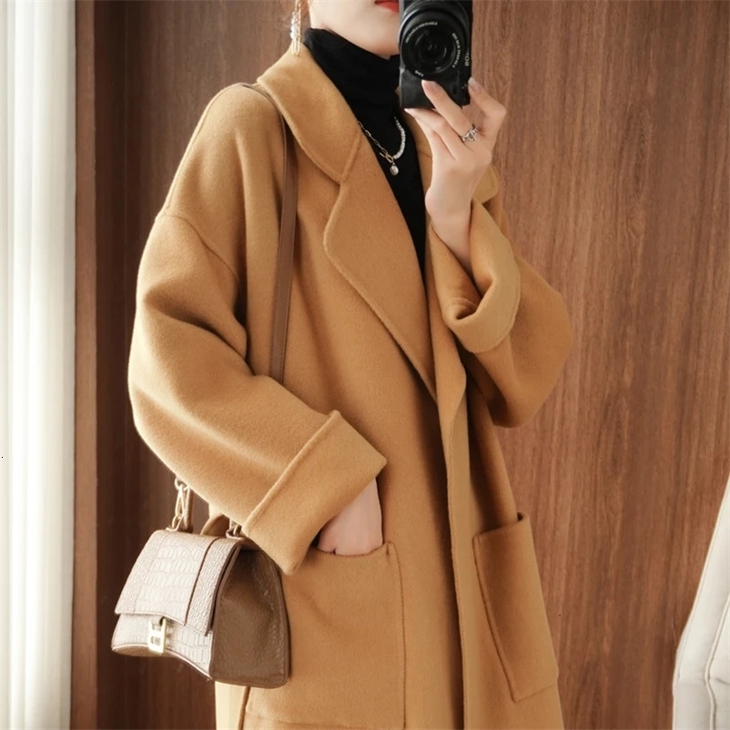 Women's Wool Blends Autumn and Winter pure wool reversible woolen coat Women's Mid-length woolen coat loose overknee cashmere woolen coat th