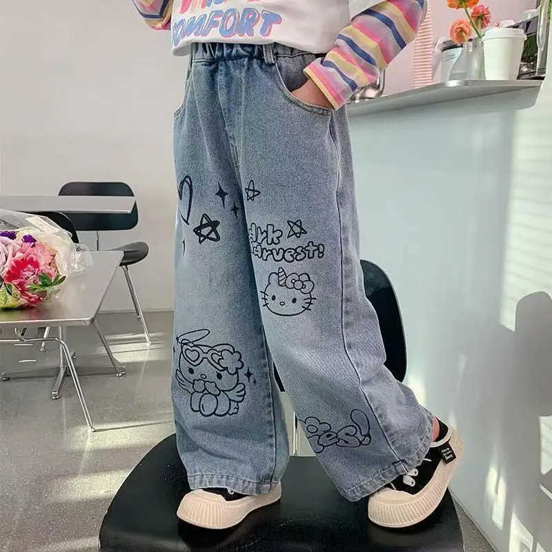 Sanrio Hello Kitty Jeans Straight Pants WideLeg Girl Children Spring Fall Kawaii Anime Cartoon Fashion New Hot Casual Clothing L250925