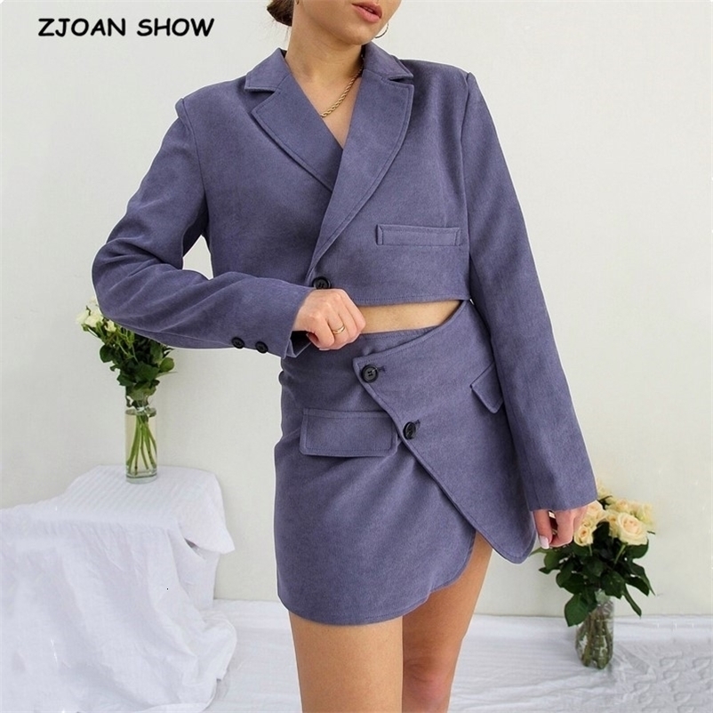 Vintage Sexy One Button Short Women Corduroy Blazer High Waist Irregular Cross Slit Mini Skirt Long Sleeve Suits 2 Pieces Set 210708