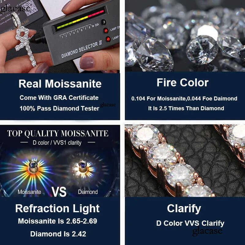 Pass Tester Sterling Sier VVS Moissanite Dia Ankh Cross Pendant 4mm Tennis Chain Necklace Jewelry Set