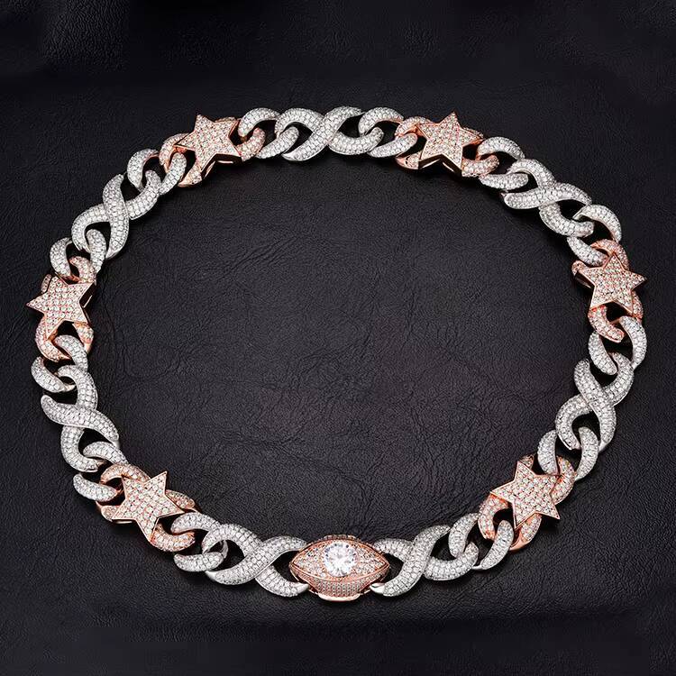 JWY Fashion Jewelry Choker Necklace Cuban Link Chain Eye Star Diamond 3A Iced Out CZ Star Hip Hop 16MM Brass Punk Moissanite Copper