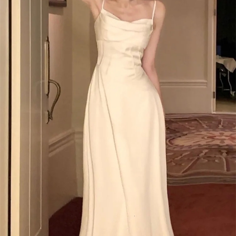 Womens Solid Midi Dress Sleeveless V-Neck Spaghetti Strap Camisole A-Line French Sexy Elegant Evening Party Prom Robe Vestidos 240319