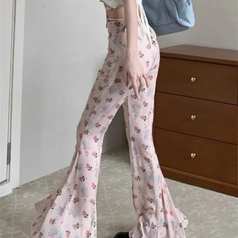 Sweet Floral Print Casual Pants for Women Sumemr Slim Fit Ruffles Flare Y2k E-Girl High Waist Loose Wide Leg 250304