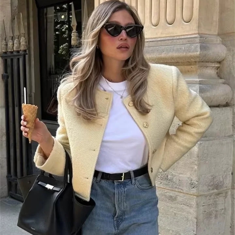 Womens coarse woolen jacket single chest elegant loose jacket long sleeved jacket womens thick casual office womens jacket fashionable top 240930