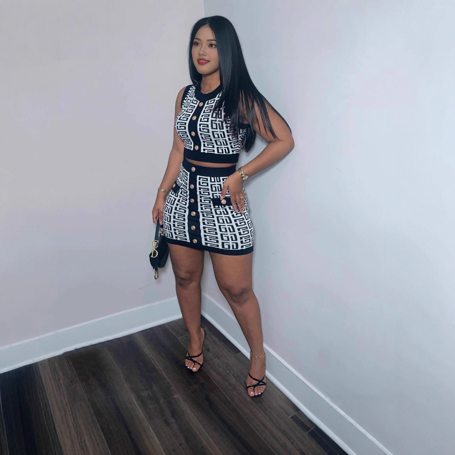 Fashion Women's Clothing Round Neck Sleeveless Waist-Exposing Short Skirt Geometric Pattern Wool Two-Piece Set