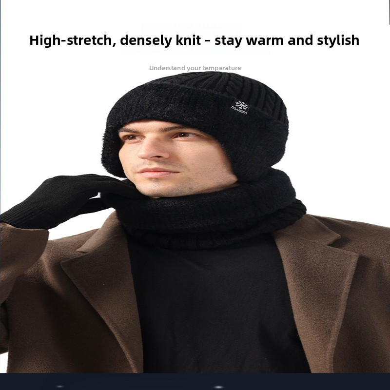 Men's Winter Thickened Ear-Warming 3-Piece Set: Knit Hat, Scarf Gloves Cold-Resistant Warm Knit Headwear for Cycling + Outdoor Performance Headge