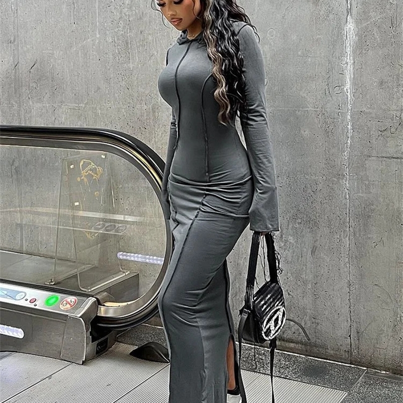 kliou Casual Hooded Maxi Dress Women Classic Striped Patchwork Long Sleeve Back Split Straight Robe Lady Simple Fashion Bodycon 250303 C260311