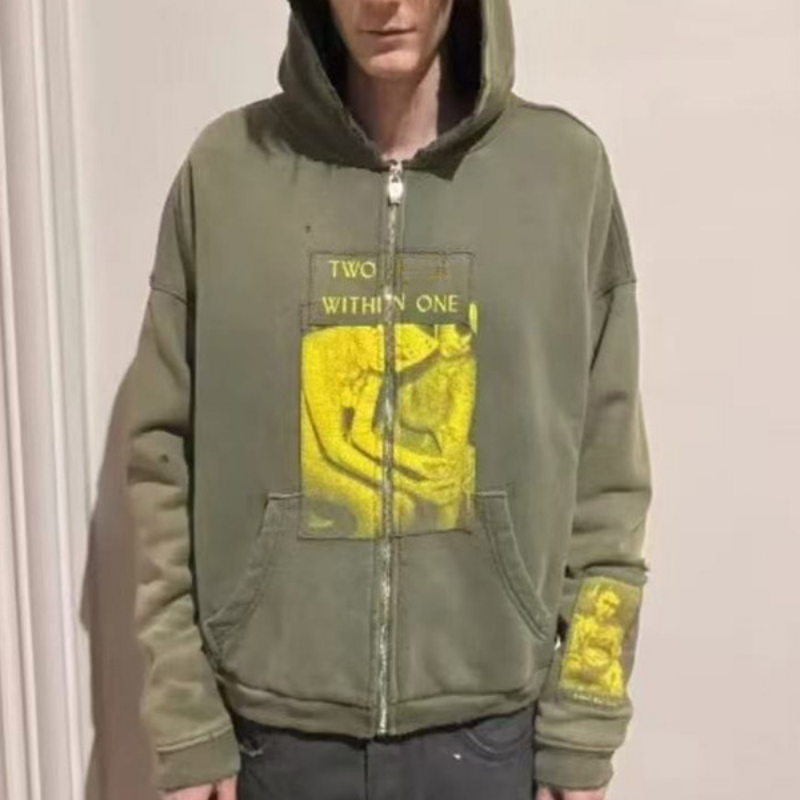 Green Print Hoodies Zip Coats Men's Plus Size Hoodie & Sweatshirts