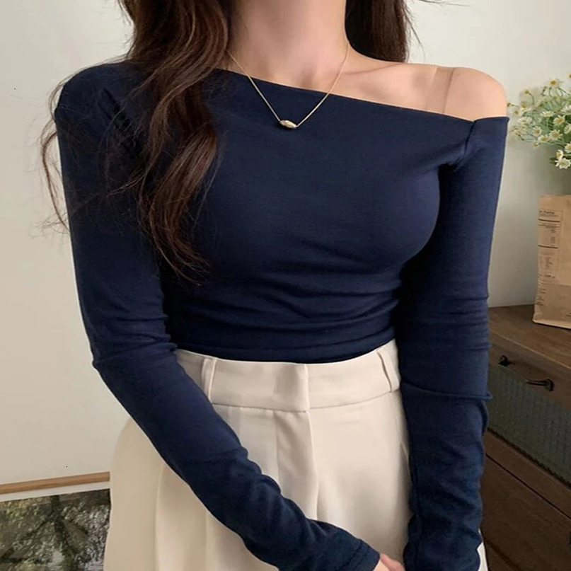 Womens Long Sleeve Shoulder Top Y2k Retro Street Korean Cut Autumn 240809