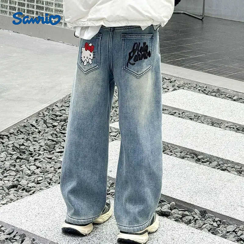 Sanrio Girl Casual Jeans Hello Kitty Kawaii Anime Fashion Spring and Autumn Student WideLeg Cowboy Pants Children Clothing New L250925