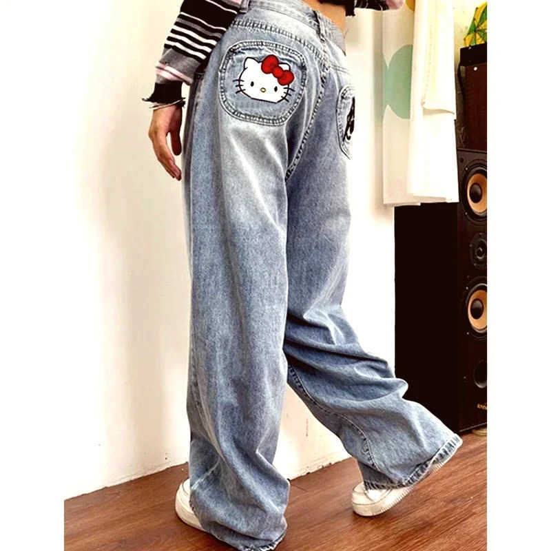 Sanrio Hello Kitty Y2k Jeans Cartoon Vintage Letters Embroidered Jeans High Waist Loose Wide Leg Pants High Street Womens Pants L250925