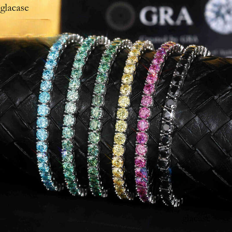 FancyJewelry Hip Hop Sterling Sier VVS Dia 3mm Moissanite Tennis Bracelet Black Blue Blue-Green Yellow Pink