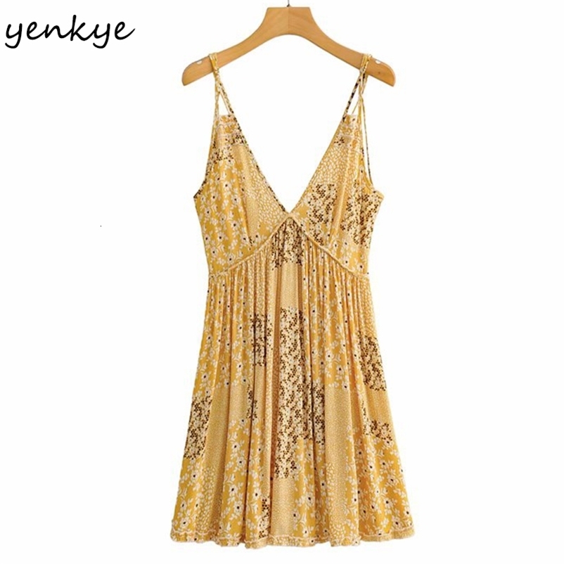 YENKYE Yellow Vintage Floral Print Sexy Sling Dress Women Backless V Neck Sleeveless Holiday Summer Beach Dress Short Robe 210515