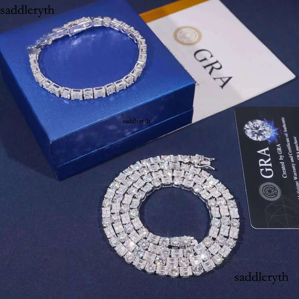 Iced Out Baguette Dia Sier Men Women Choker Trendy Moissanite Tennis Chain Necklace6mm